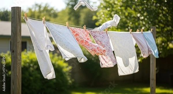 Obraz Clothesline Symphony Fresh Laundry Dancing in Summer Breeze Sunlight Filtering Through Greenery.