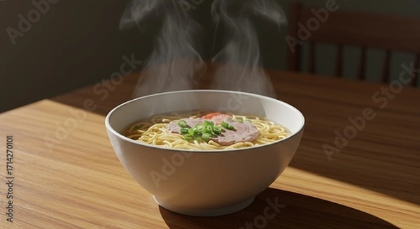 Fototapeta Delicious Steaming Ramen Bowl with Pork and Scallions Artfully Lit on a Wooden Table.