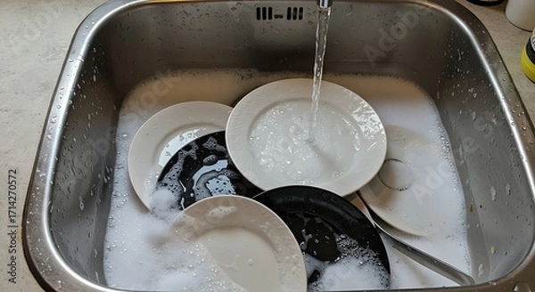 Obraz Dishes Washing in a Stainless Steel Sink Sparkling Clean.