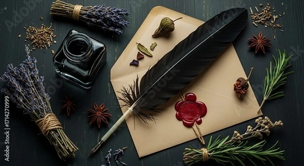 Fototapeta Enigmatic Quill Pen, Inkwell, and Wax-Sealed Letter with Aromatic Dried Herbs.