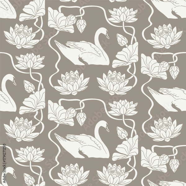 Fototapeta Vintage art nouveau style hand drawn swan swimming in lake with lotus flowers brown and beige damask seamless pattern