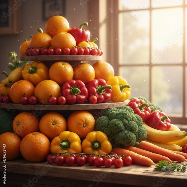Fototapeta Vibrant display of fresh fruits and vegetables on wooden table    