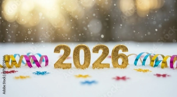 Fototapeta Golden numbers 2026 decorated with colorful ribbons on winter background  