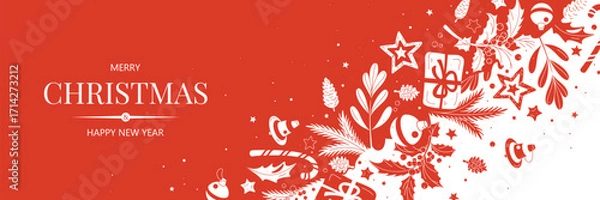 Fototapeta Horizontal banner with white and red Christmas symbols. Christmas gifts, decor and branches of plants and trees. Winter background with place for text.
