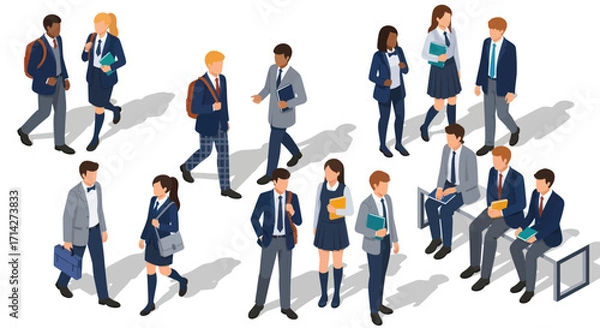 Fototapeta Diverse Group of High School Students in Uniforms and Casual Attire.