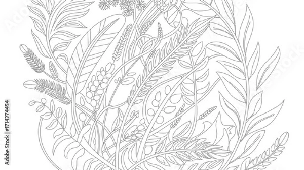 Fototapeta Line art illustration of various leaves and plants in a dense arrangement for coloring book page