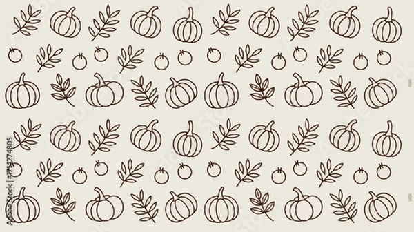 Fototapeta A repeating pattern of pumpkins, small round fruits, and leafy branches on a light beige background