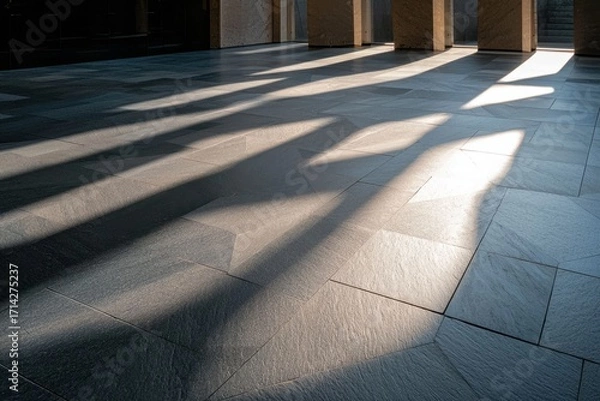 Fototapeta Smooth polished stone floor with long shadows cast by sunlight through tall pillars, creating calm and serene atmosphere in architectural space