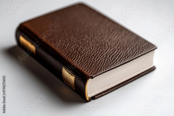 Fototapeta Leather bound book with gold embossed details lies on white surface, classic vintage style cover with textured brown material and clean white pages, elegant and timeless design