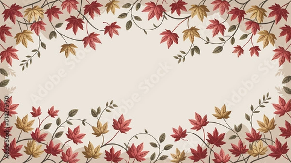 Fototapeta A decorative frame featuring red and golden leaves with swirling branches on a beige background design element