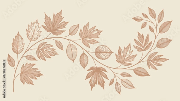 Fototapeta A delicate illustration of a winding branch adorned with various leaves on a light beige background