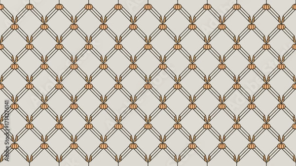 Fototapeta Repeating pattern of pumpkins and wheat stalks forming a diamond grid on a light background surface