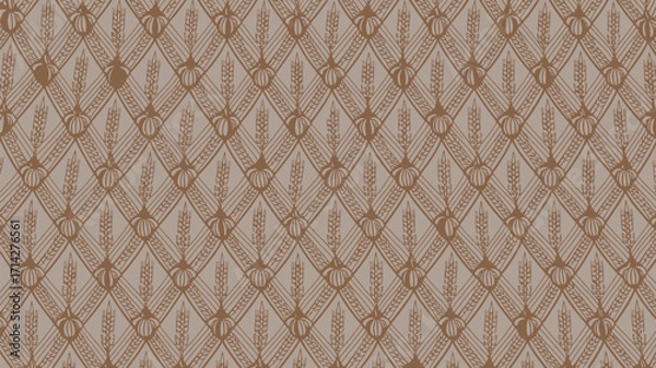 Fototapeta Repeating pattern of wheat and floral shapes in a diamond grid on a light brown background surface