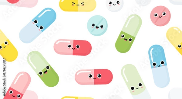 Fototapeta Colorful Cartoon Pills and Capsules with Smiling Faces.