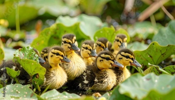 Fototapeta Ducklings nestled in lily pads