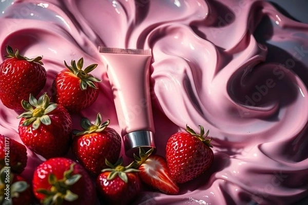 Fototapeta Minimalist composition highlighting a pink cosmetic tube, strawberry freshness, and artistic cream details.