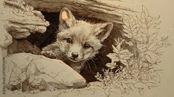 Fototapeta A Curious Fox Kit Peeking from its Den