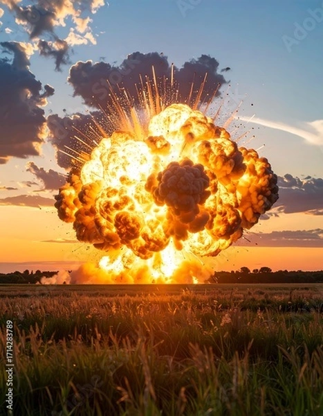 Obraz Massive explosion over a field at sunset (1)