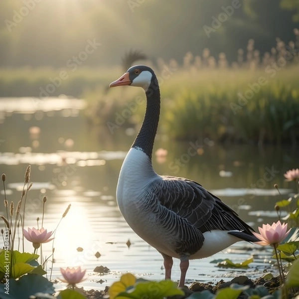 Fototapeta A majestic Chinese Goose standing near a calm lake, long elegant neck and distinct knob at the base of the beak, soft sunlight reflecting on the water, surrounded by reeds and lotus flowers, high qual