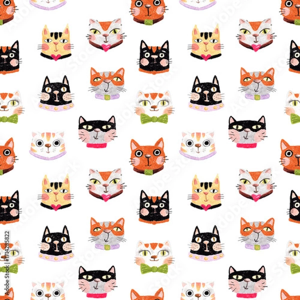 Fototapeta Seamless cartoon cats pattern. Funny pastel faces hand drawn with crayon in colorful style. Playful animal design for kids, baby products, fabric, wrapping and decorative surface.