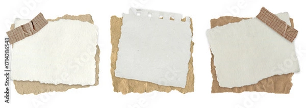 Fototapeta Set of Torn Vintage Note Paper. Aged grid sheet, spiral and blank textured pieces with tape for scrapbooking, journaling, diary and craft collages are isolated on a transparent background.