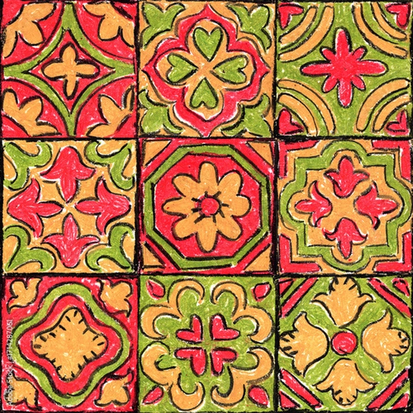 Fototapeta Seamless ornamental tile pattern. Vintage floral and geometric motifs hand drawn with pastel crayons in red, orange and green. Decorative retro design for fabric and wallpaper.