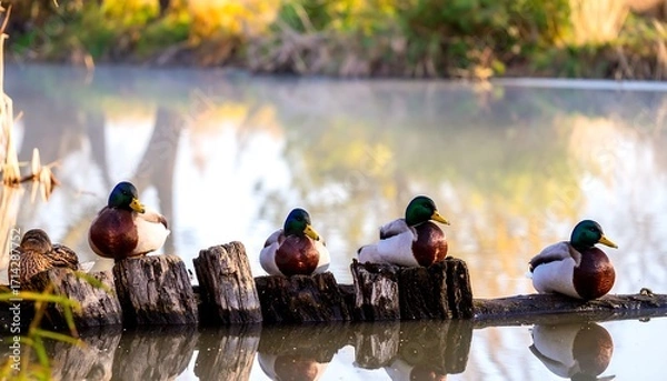 Fototapeta Ducks resting on logs in a calm river