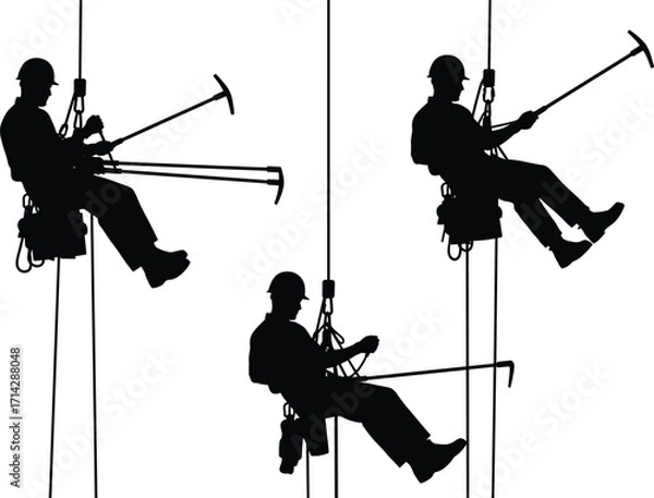 Fototapeta Silhouettes of Three Workers Climbing with Rope, Using Pickaxes, Industrial Safety Gear, Isolated on White Background