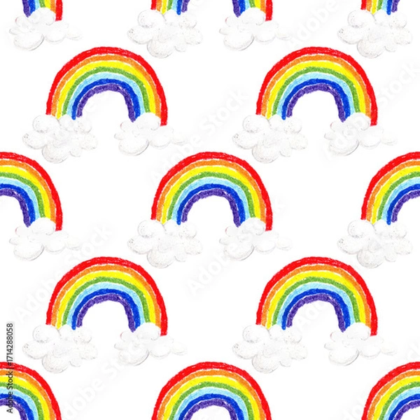 Fototapeta Seamless rainbow pattern. Hand drawn pastel arcs with fluffy clouds in bright crayon texture. Cheerful childish design for kids’ textile, wrapping paper and happy decoration.