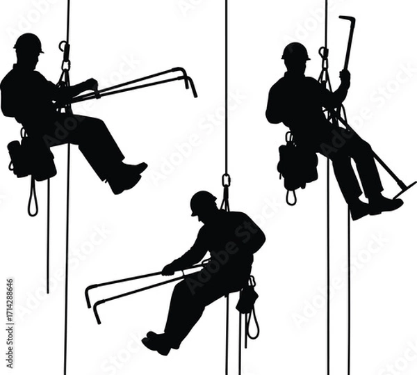 Fototapeta Silhouettes of Three Workers on Rope Access, Using Tools, Safety Harness, Industrial Climbing, Isolated on White Background