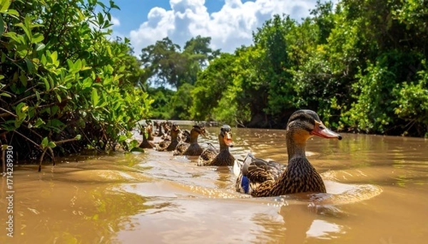 Fototapeta Ducks swimming in a shallow river