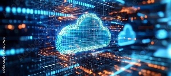 Fototapeta Global Data Transmission Visualization in a Virtual Network with Cloud Technology Background