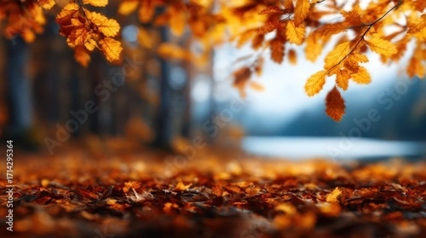 Fototapeta A beautiful scene capturing vibrant autumn leaves framed against a serene water surface, presenting nature's seasonal transformation and peaceful ambiance.