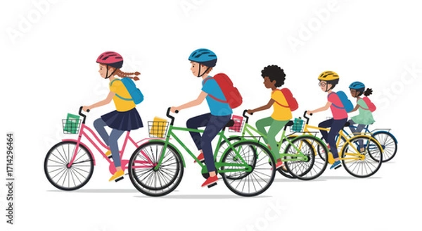 Fototapeta Diverse group of children happily riding bicycles with backpacks and helmets.