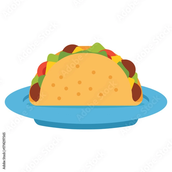 Fototapeta vector flat color of delicious taco with a hard shell, filled with fresh ingredients like ground meat, lettuce, cheese, and tomatoes, served on a blue plate.