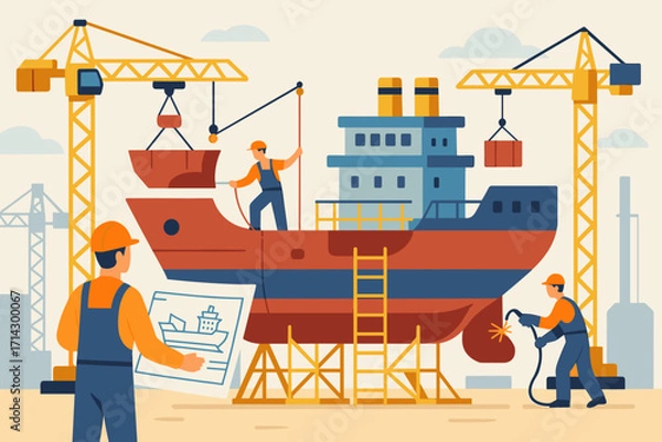 Fototapeta Shipbuilding Illustration – Workers Constructing Cargo Vessel at Dockyard with Cranes