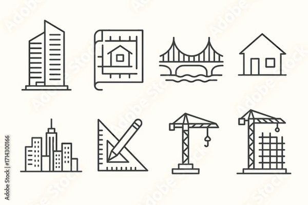 Fototapeta Architecture and Construction Icons – Line Set with Buildings, Tools, Bridge and Floor Plan