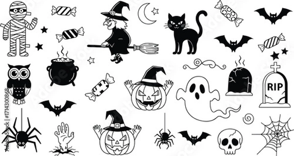 Fototapeta Black and White Halloween Vector Set Featuring Witch, Ghost, Pumpkin, Mummy, Candy, Bats, Skull, Cat, Cauldron, and Spider Webs