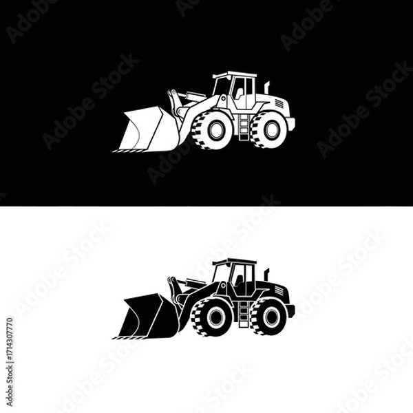 Obraz Heavy-duty construction vehicle with a front loader in a stark black and white graphic illustration