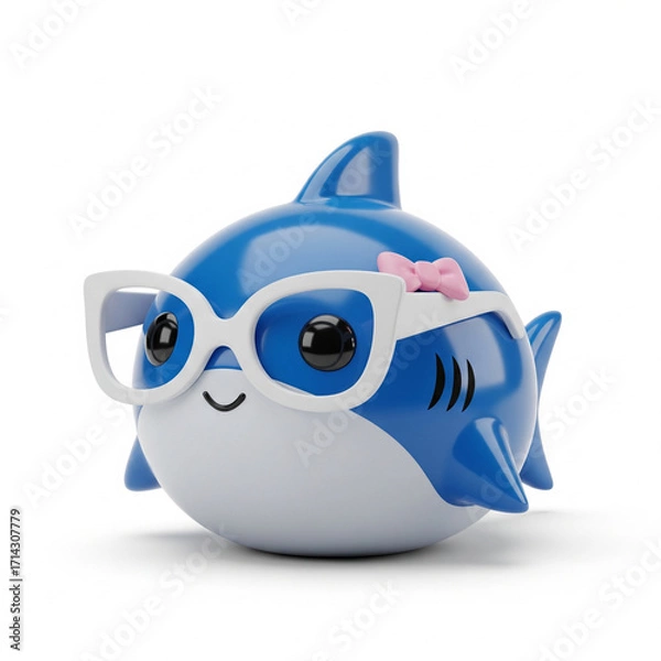 Fototapeta Adorable cartoon shark with glasses and a bow. A cute 3D character render of a sea animal isolated on a clean white background