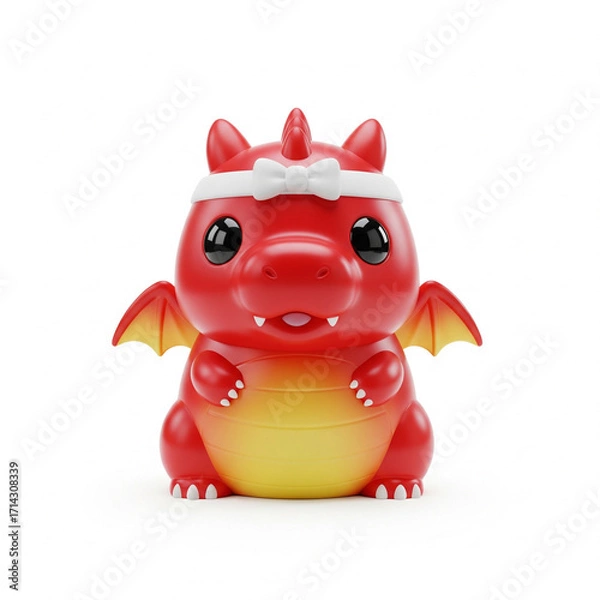 Fototapeta Adorable red dragon toy with a white bow headband, isolated on white. A cheerful mythical creature, perfect for playful fantasy themes and children's content