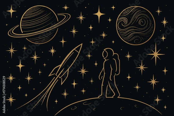 Fototapeta Retro Space Exploration – Astronaut, Rocket and Planets in Vintage Cosmic Illustration
