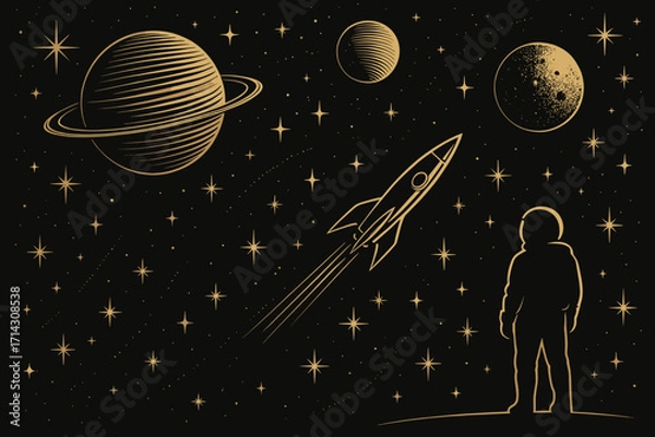 Fototapeta Retro Space Exploration – Astronaut, Rocket and Planets in Vintage Cosmic Illustration