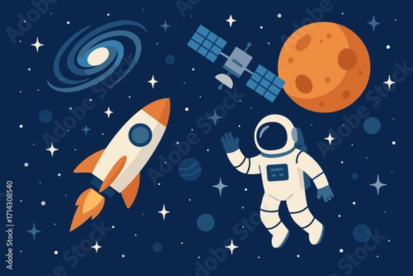 Fototapeta Flat Space Exploration Vector – Rocket, Astronaut, Planets, and Satellite Illustration