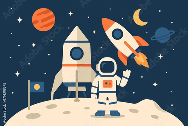 Fototapeta Flat Space Exploration Vector – Rocket, Astronaut, Planets, and Satellite Illustration
