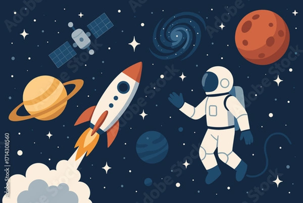 Fototapeta Flat Space Exploration Vector – Rocket, Astronaut, Planets, and Satellite Illustration
