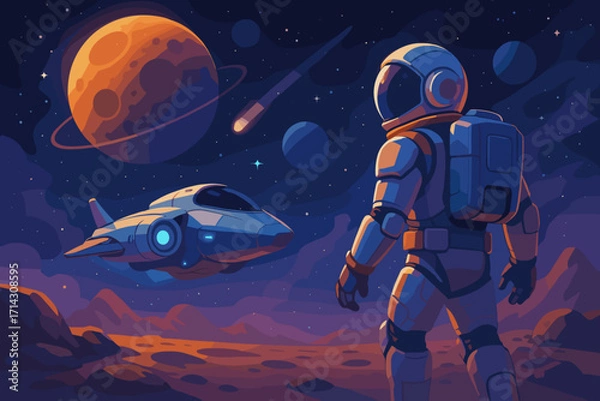 Fototapeta Futuristic Space Exploration – Astronaut on Alien Planet with Spaceship and Mars Landscape