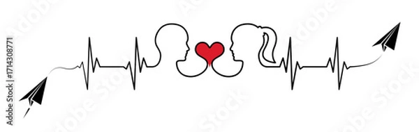 Fototapeta Abstract paper origami airplane, ekg shape route, man woman head, red heart vector. Creative medical science valentines design to use for cardiology, healthcare business, love concept projects.