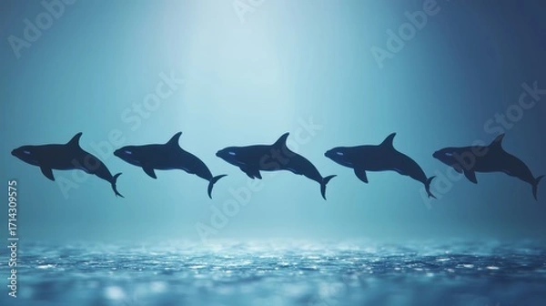 Obraz Silhouette of Sharks Swimming in a Deep Blue Ocean