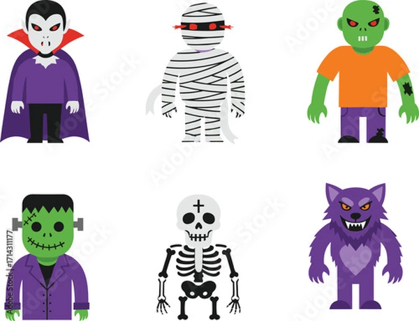Fototapeta Flat Cartoon Halloween Monsters Vector Set with Vampire, Mummy, Zombie, Frankenstein, Skeleton, and Werewolf Characters for Spooky Designs